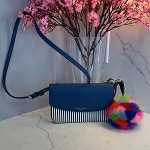 Henri Bendel Navy and Striped Crossbody Bag with Multicolor Pom-Pom
